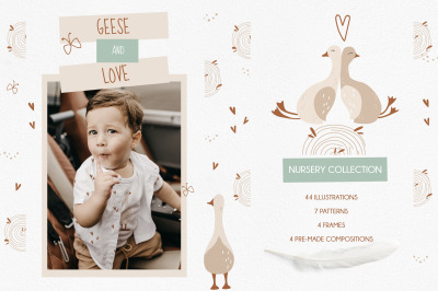 Goose love - nursery collection. Geese. Seamless patterns. Kids design