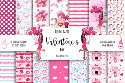 VALENTINES DAY Digital Paper Pack, Fashion Illustration Girl, Romantic