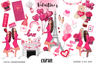 VALENTINES DAY Clipart&2C; Fashion Girl Illustration&2C; Valentine Gnome