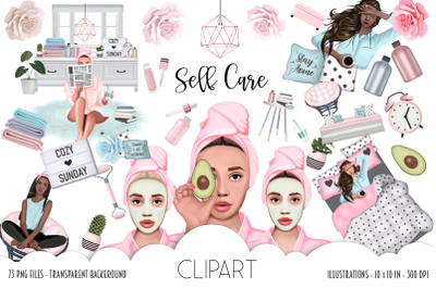 SELF CARE Clipart, Stay Home Fashion Illustration, African American