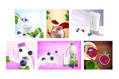 Blueberry Product Promotional Posters Set Vector