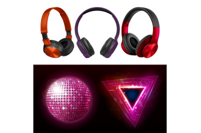 Disco Club Accessories And Headphones Set Vector