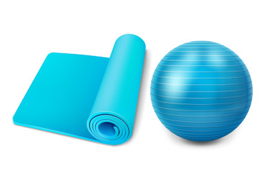 Fitness Mat And Pilates Ball Accessory Set Vector