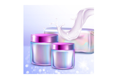 holographic cosmetics poster container vector