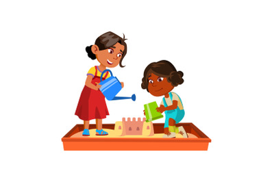 Girls Children Building Castle In Sandbox Vector