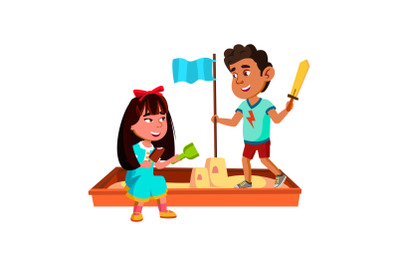 Boy And Girl Children Playing In Sandbox Vector