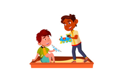 Boys Children Playing In Sandbox Together Vector