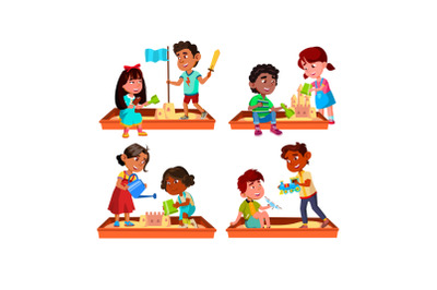 Boy And Girl Kids Playing In Sandbox Set Vector