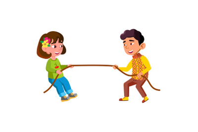 Boy And Girl Children Pulling Rope Together Vector