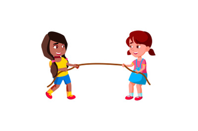 Preteen Schoolgirls Pulling Rope Sport Game Vector