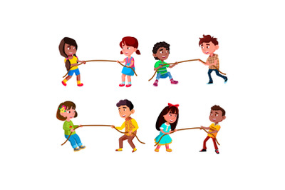 Boys And Girls Children Pulling Rope Set Vector