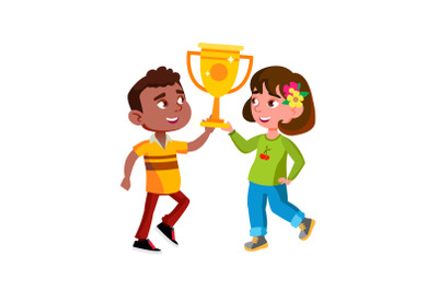 Boy And Girl Children Holding Award Cup Vector