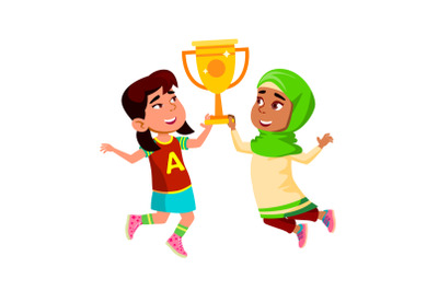 Girls Children Holding Golden Reward Cup Vector