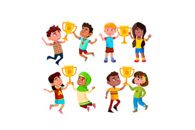 Boys And Girls Kids With Trophy Cup Set Vector