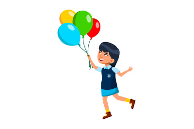 Kid Girl Playing With Helium Balloons Bunch Vector