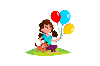 Kid Girl Playing With Balloons And Dog Pet Vector