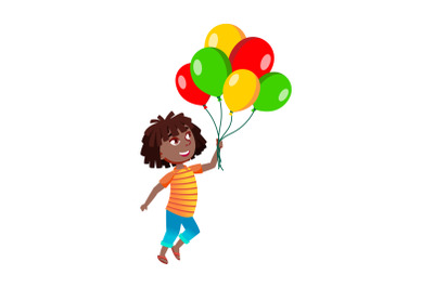 Girl Walk With Air Balloons Bunch Outside Vector