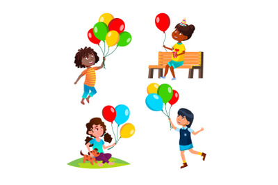 Girls Children Playing With Balloon Set Vector