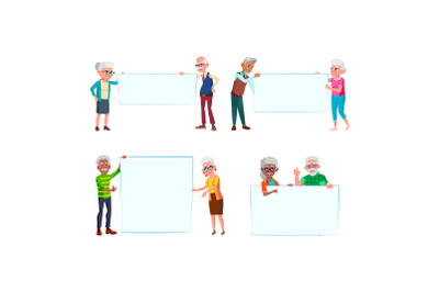 Old Man And Woman People With Banners Set Vector