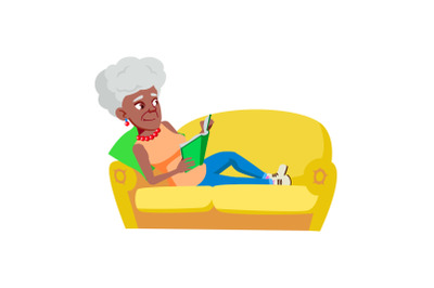 Old Woman Laying On Couch And Reading Book Vector