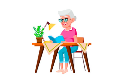 Old Woman Sitting At Table And Reading Book Vector