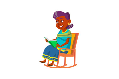 Old Woman Sit In Rocking Chair And Reading Vector