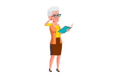 Sad Elderly Woman Reading Book In Library Vector