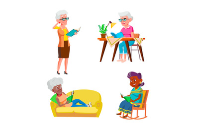 Old Woman Reading And Enjoying Book Set Vector