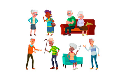 Old Women And Men Couple Quarreling Set Vector