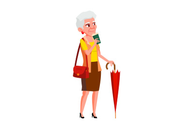 Old Woman Drinking Energy Coffee Outdoor Vector