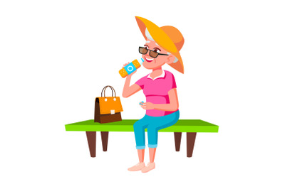 Elderly Woman Drinking Soda Water In Park Vector