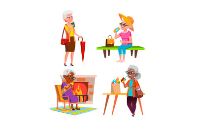 Old Women Hold Cup And Drinking Drink Set Vector