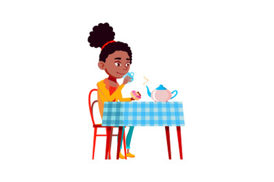 Tea Drinking Teen Girl At Table In Morning Vector