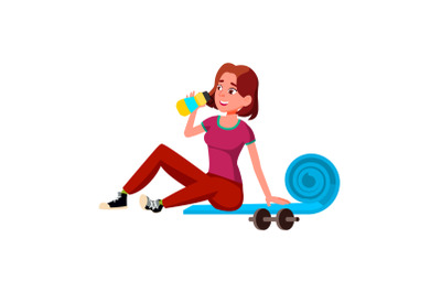 Girl Teen Drinking Water After Training Vector