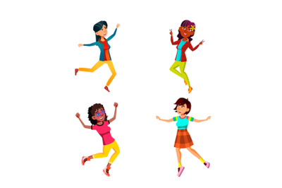 Jumping Teen Girls Celebrating Success Set Vector