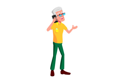 Elderly Man Talking On Smartphone Outdoor Vector