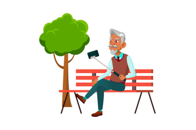 Old Man Making Selfie On Phone In Park Vector