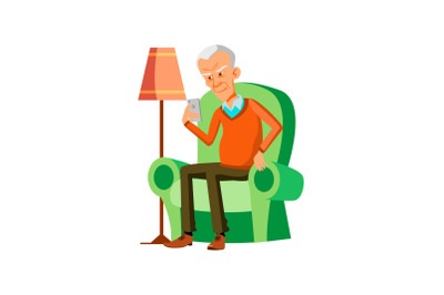 Old Man Reading Sms On Mobile Phone Screen Vector