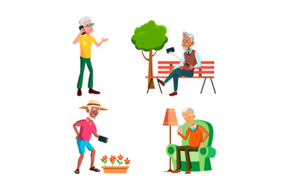 Old Men Using Phone For Communication Set Vector