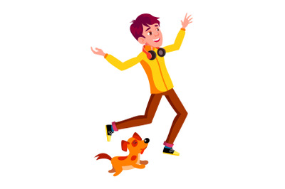 Teen Boy Running With Dog In Park Outdoor Vector