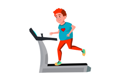 Fat Boy Teen Running On Treadmill In Gym Vector