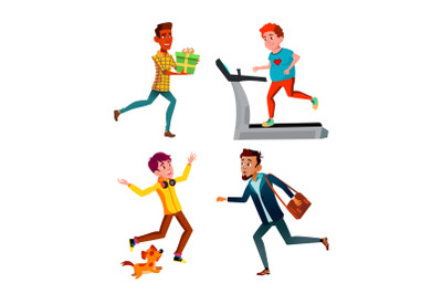 Teen Boys Hurry Running And Exercising Set Vector