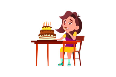 School Girl Kid Eating Birthday Cake Food Vector