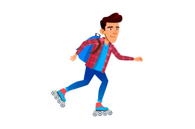 Schoolboy Riding Roller Skates Outdoor Vector