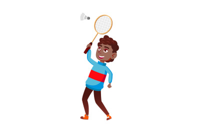 Schoolboy Playing Badminton On Playground Vector