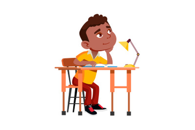 School Boy Sitting At Desk And Thinking Vector