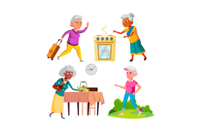 Running old woman set vector