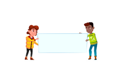 school boy and girl with empty banner vector