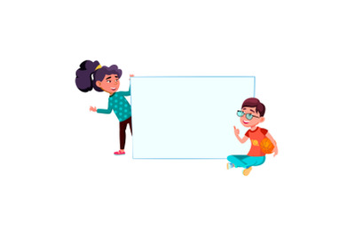 school boy and girl with empty banner vector