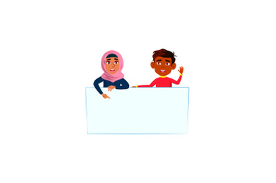 school boy and girl with empty banner vector